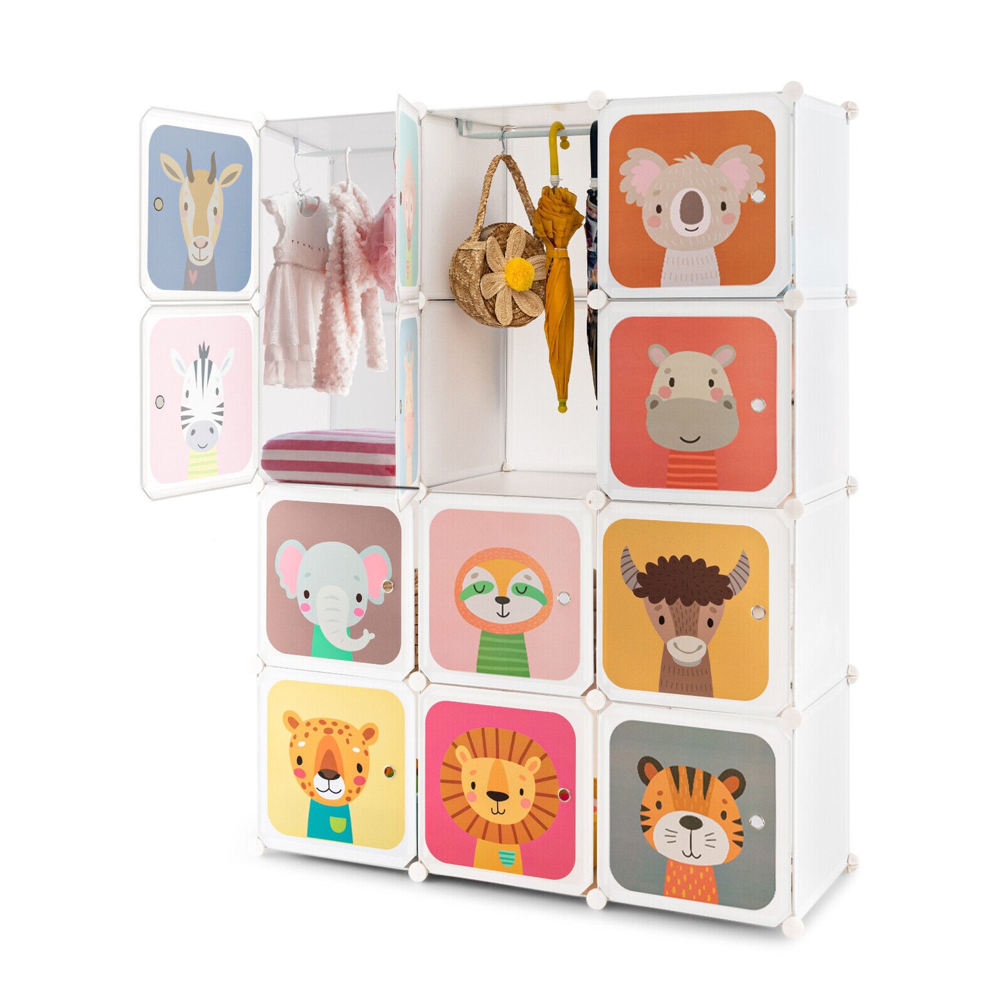 Kids Portable Multi-Cube Closet Storage Cabinet with Cartoon Doors and Sturdy Metal Wires Connections