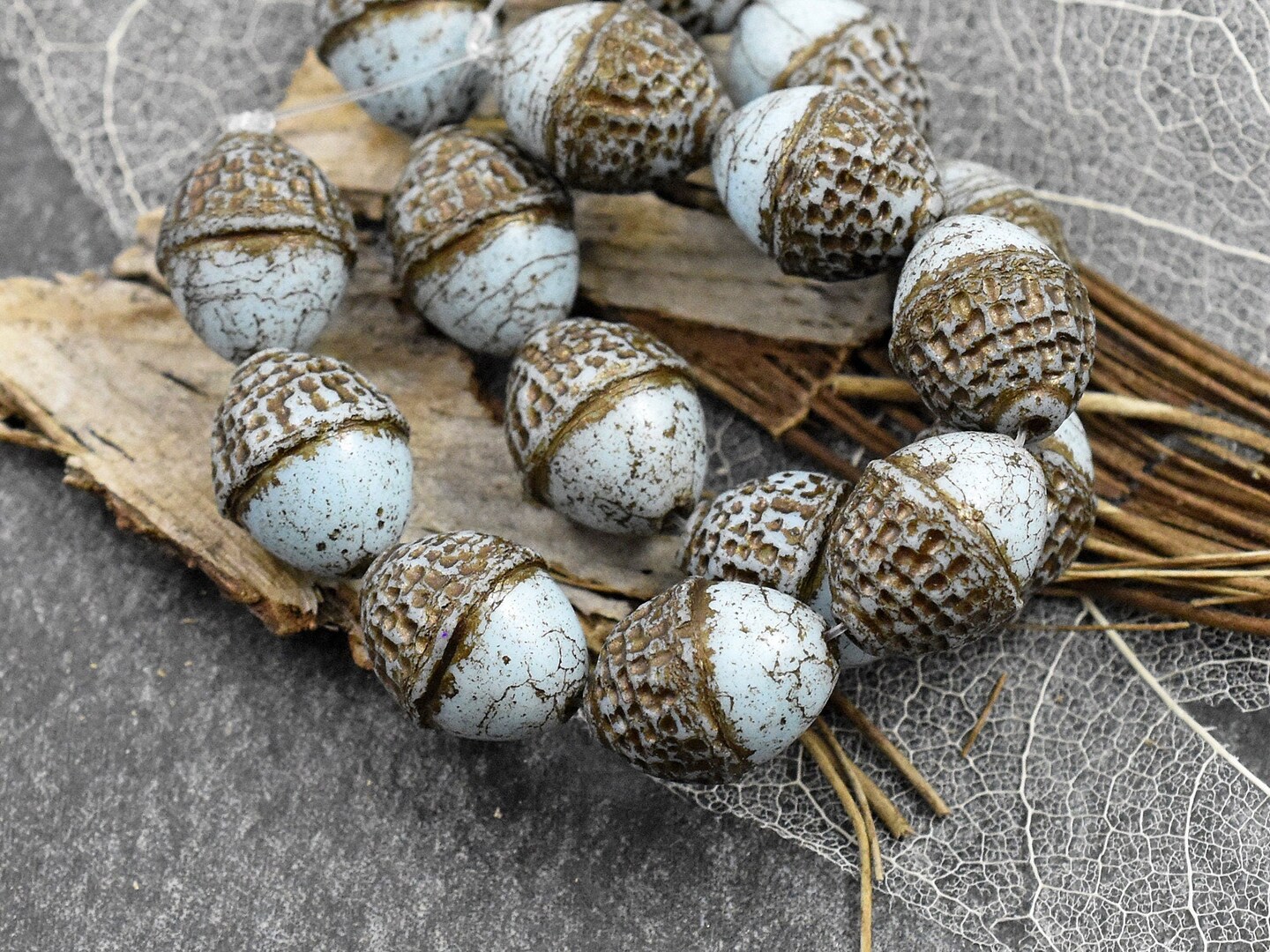 *8* 10x12mm Brown Washed Robins Egg Blue Acorn Oval Beads