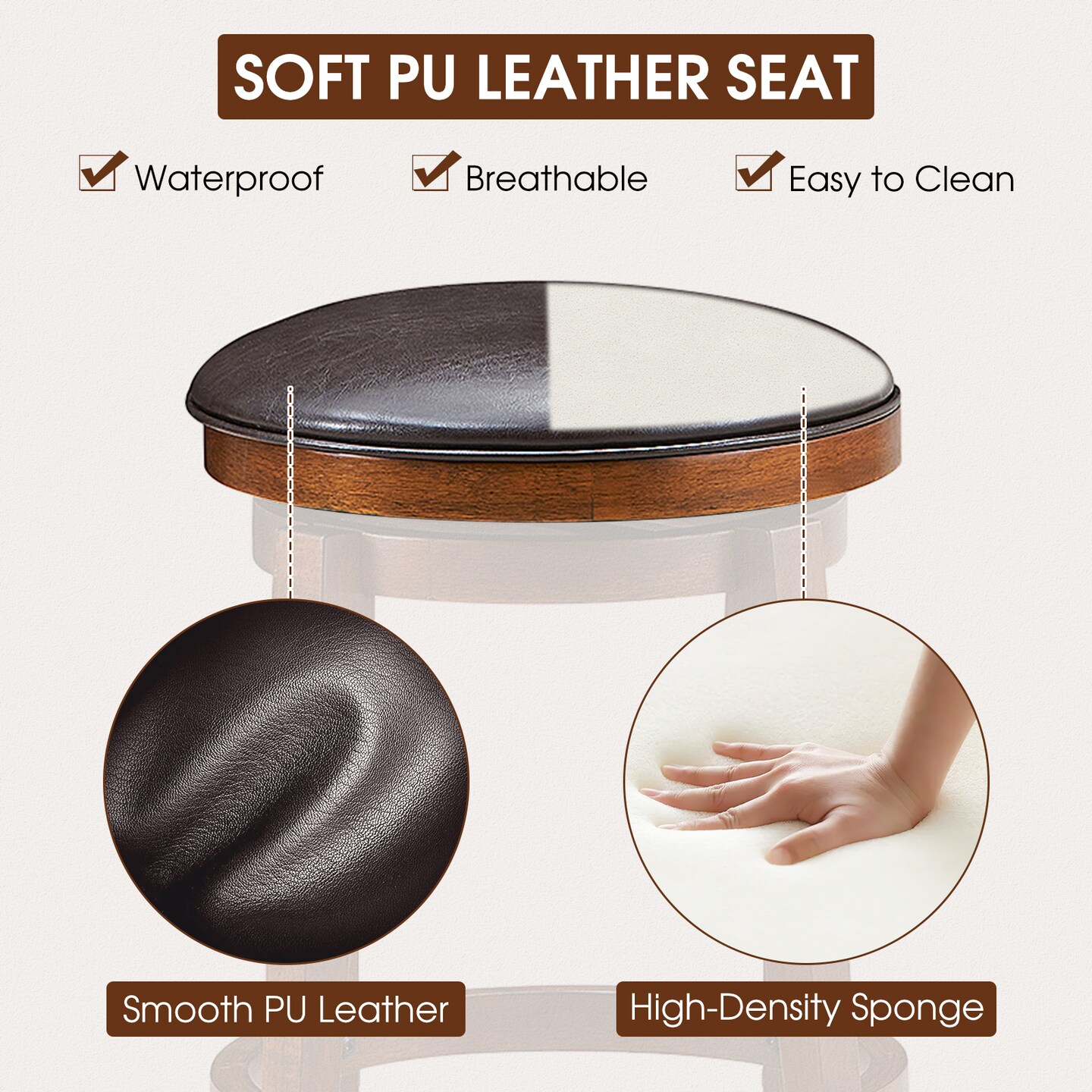 Set of 2 Swivel Leather Padded Bar Dining Stool with Footrest