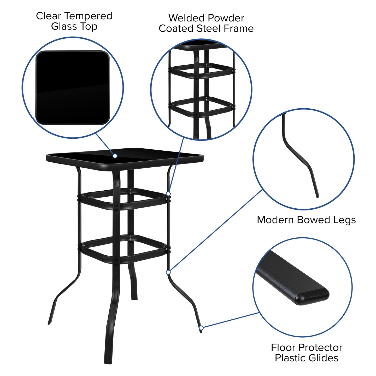 Emma and Oliver 27.5&#x22; Square Tempered Glass Bar Height Metal Patio Bar Table