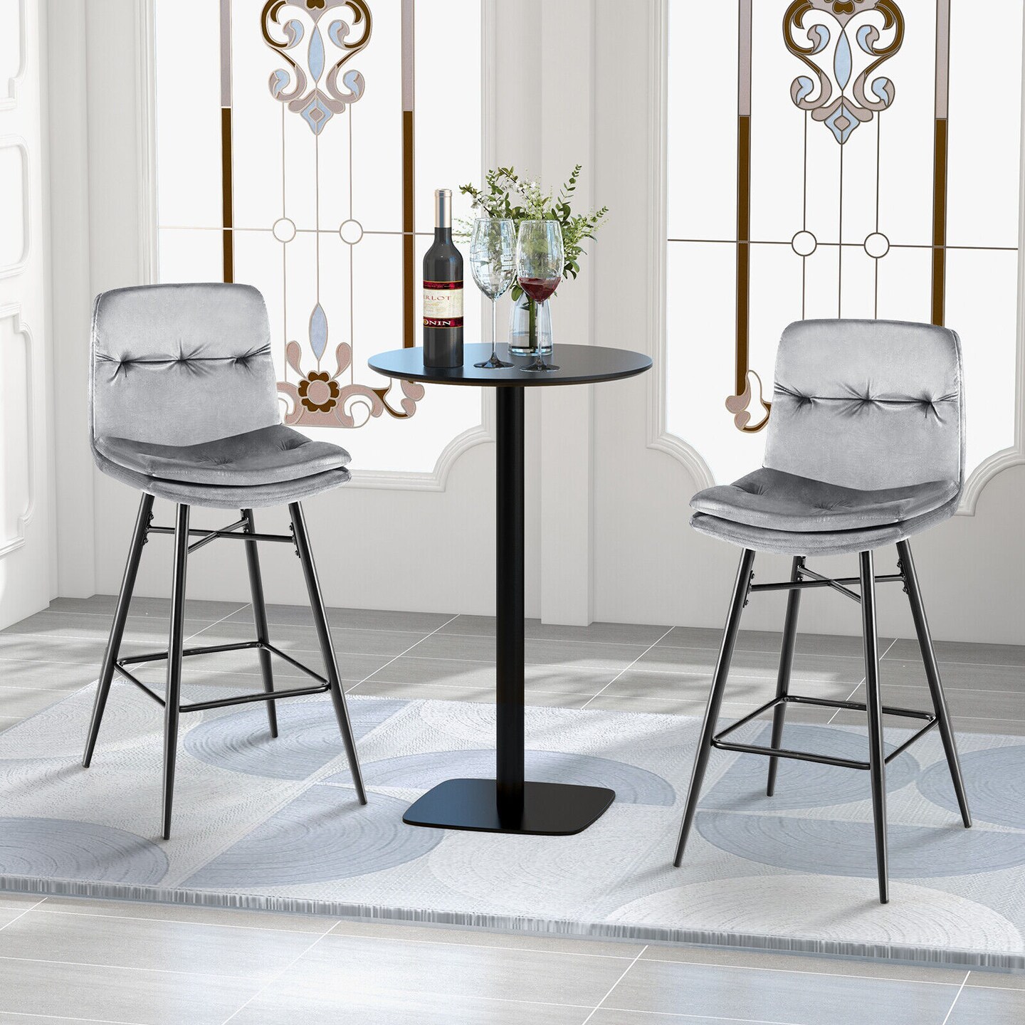 29 Inch Velvet Bar Stools Set with Tufted Back and Footrests- Set of 2
