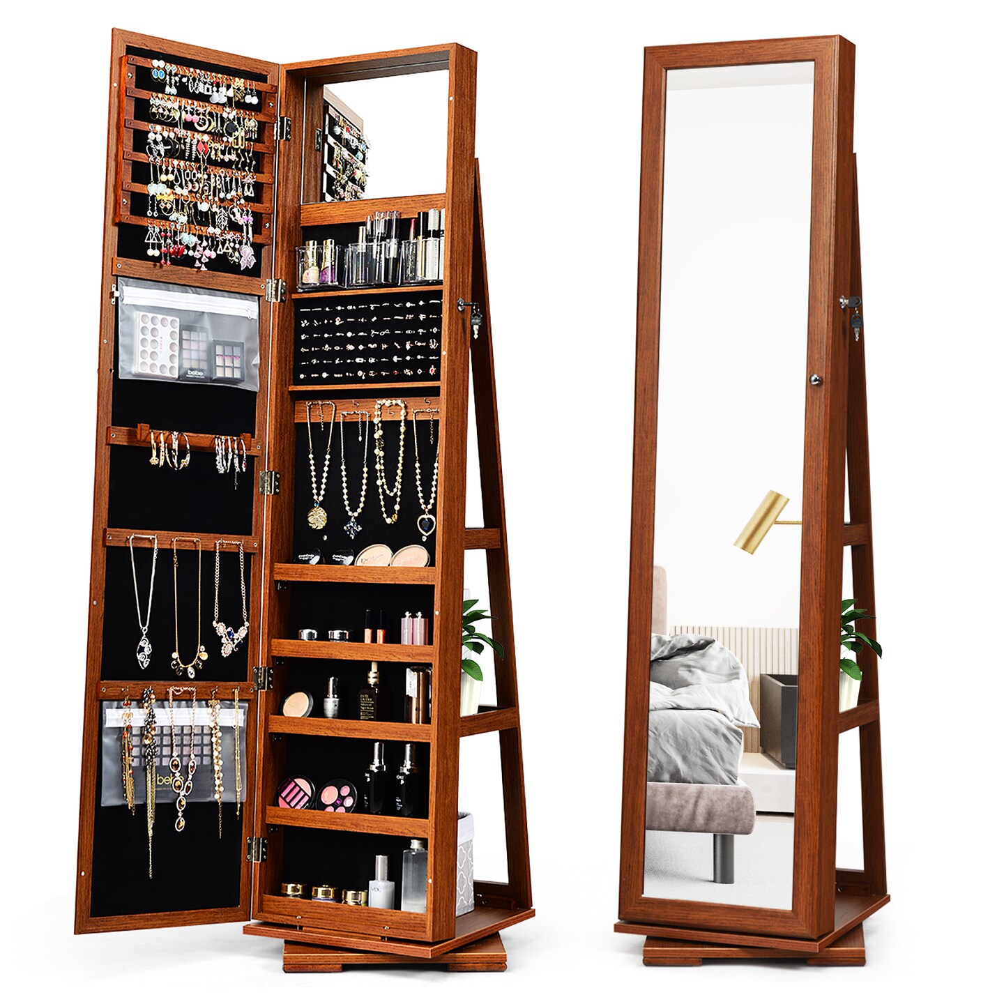 360° Rotatable Armoire 2-in-1 Lockable Mirrored Jewelry Cabinet