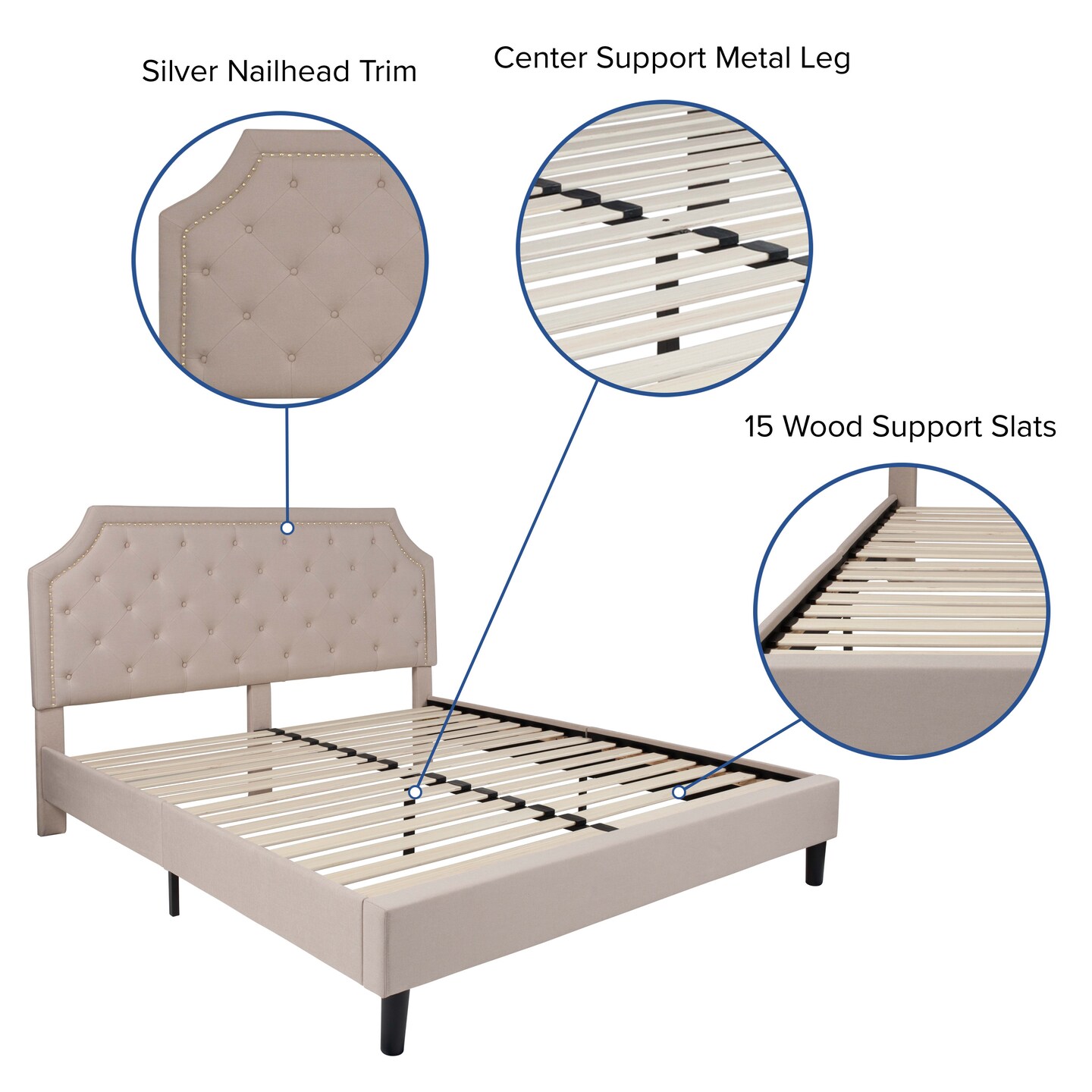 Merrick Lane Provence Platform Bed with Slatted Support Contemporary Tufted Upholstery with Accent Nail Trim