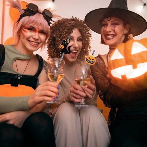 25 Pcs Halloween Party Striped Disposable Paper Decorative Straws | Halloween Party Supplies