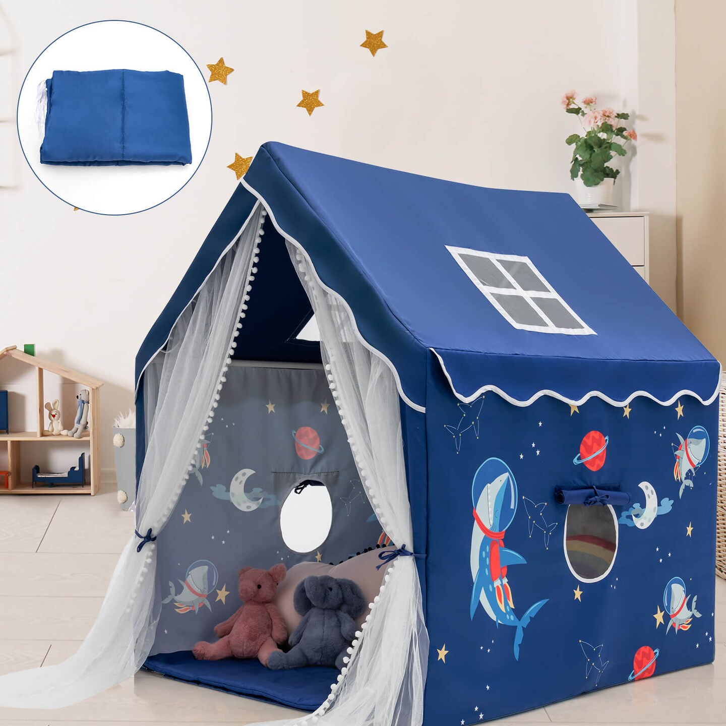 Kids Indoor Playhouse Tent with Removable and Comfortable Cotton Mat and Mesh Curtains