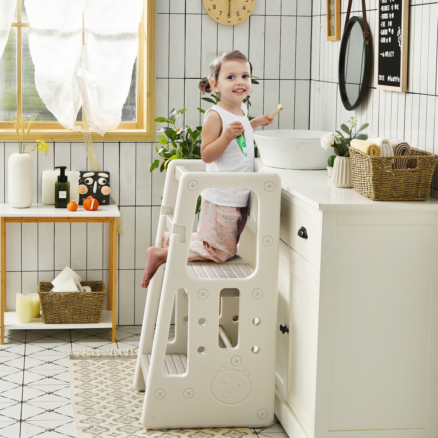 Kids Kitchen Step Stool with Double Safety Rails