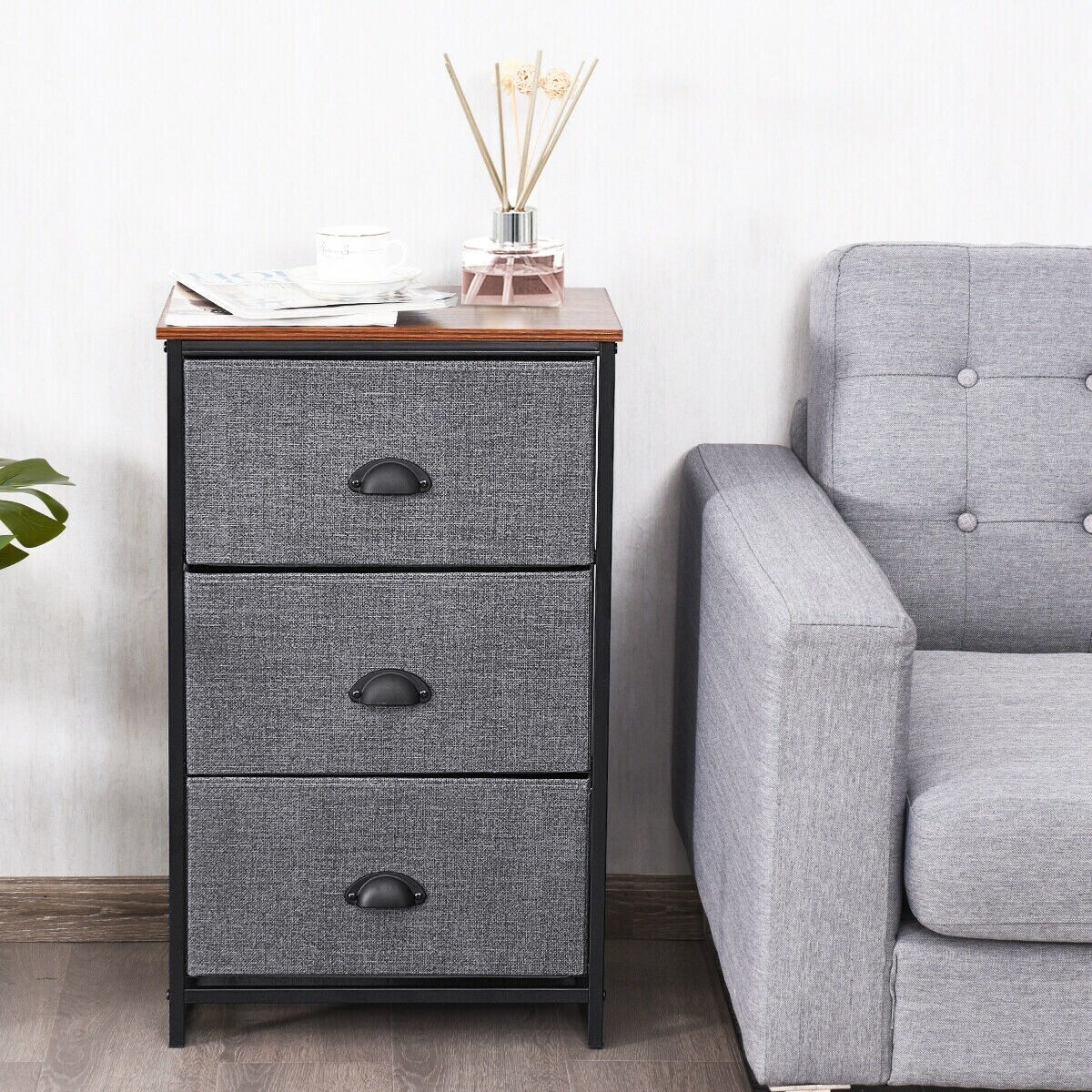 Modern Side Table Nightstand Storage Dresser Chest with 3 Fabric Removable Drawers and Metal Frame