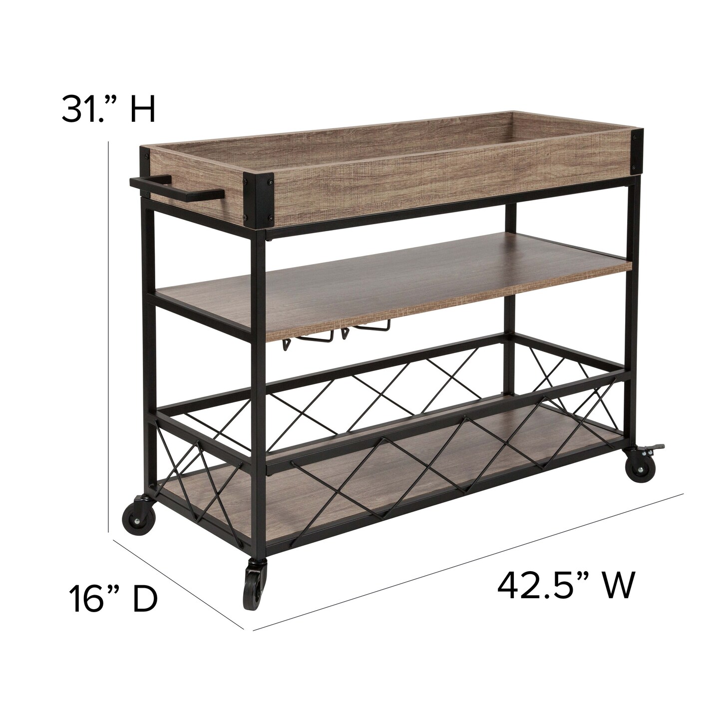 Merrick Lane Brookville Rolling Kitchen Serving and Bar Cart with Shelves and Wine Glass Holders