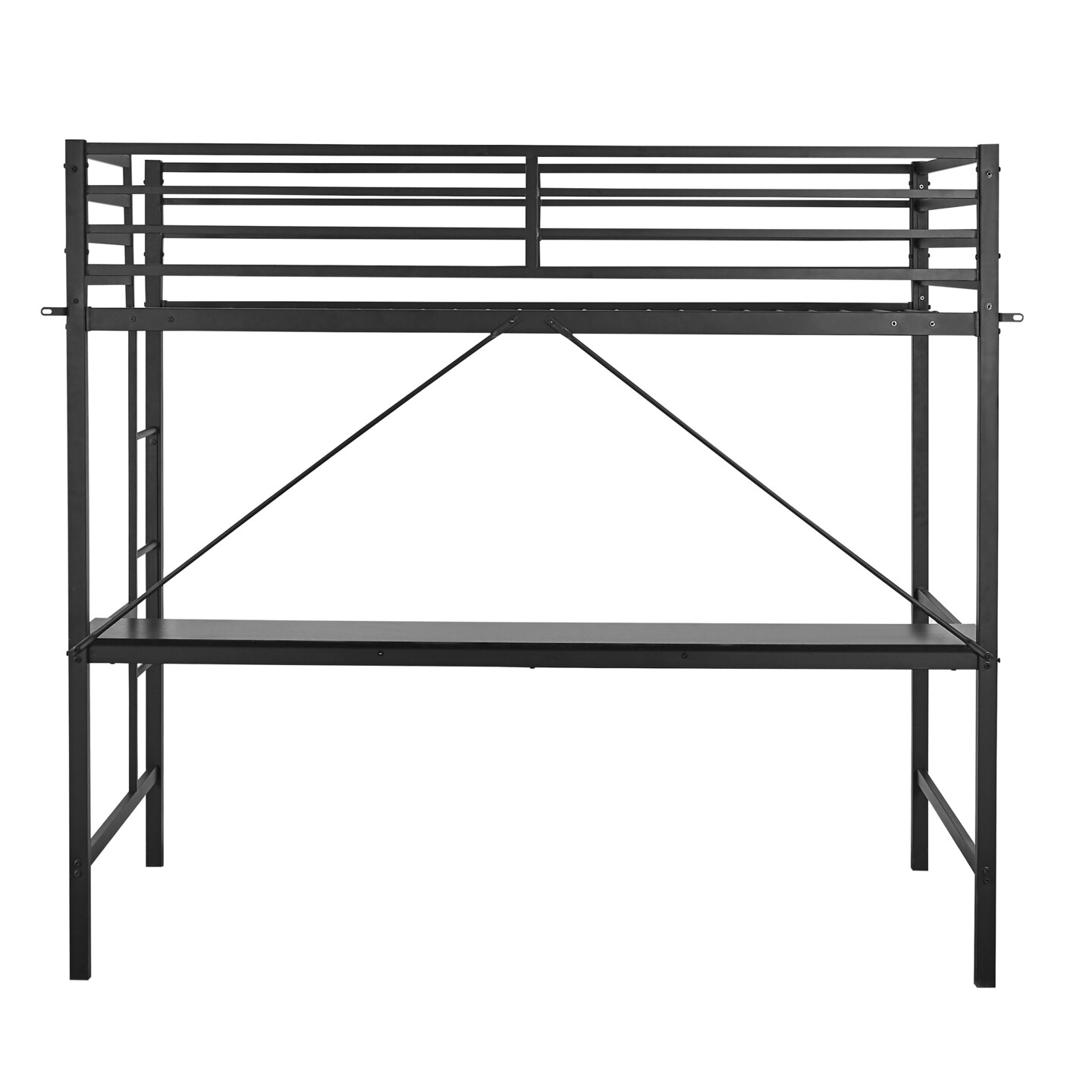 Emma and Oliver Jensen Metal Loft Bed Frame with Desk, Protective Guard Rails and Ladder for Kids, Teens and Adults