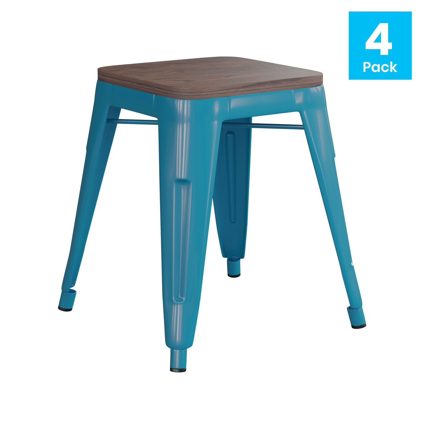 Emma and Oliver Set of Four Table Height Backless Stacking Welded Iron Stools with Wooden Seats and Under Seat Bracing for Indoor Use
