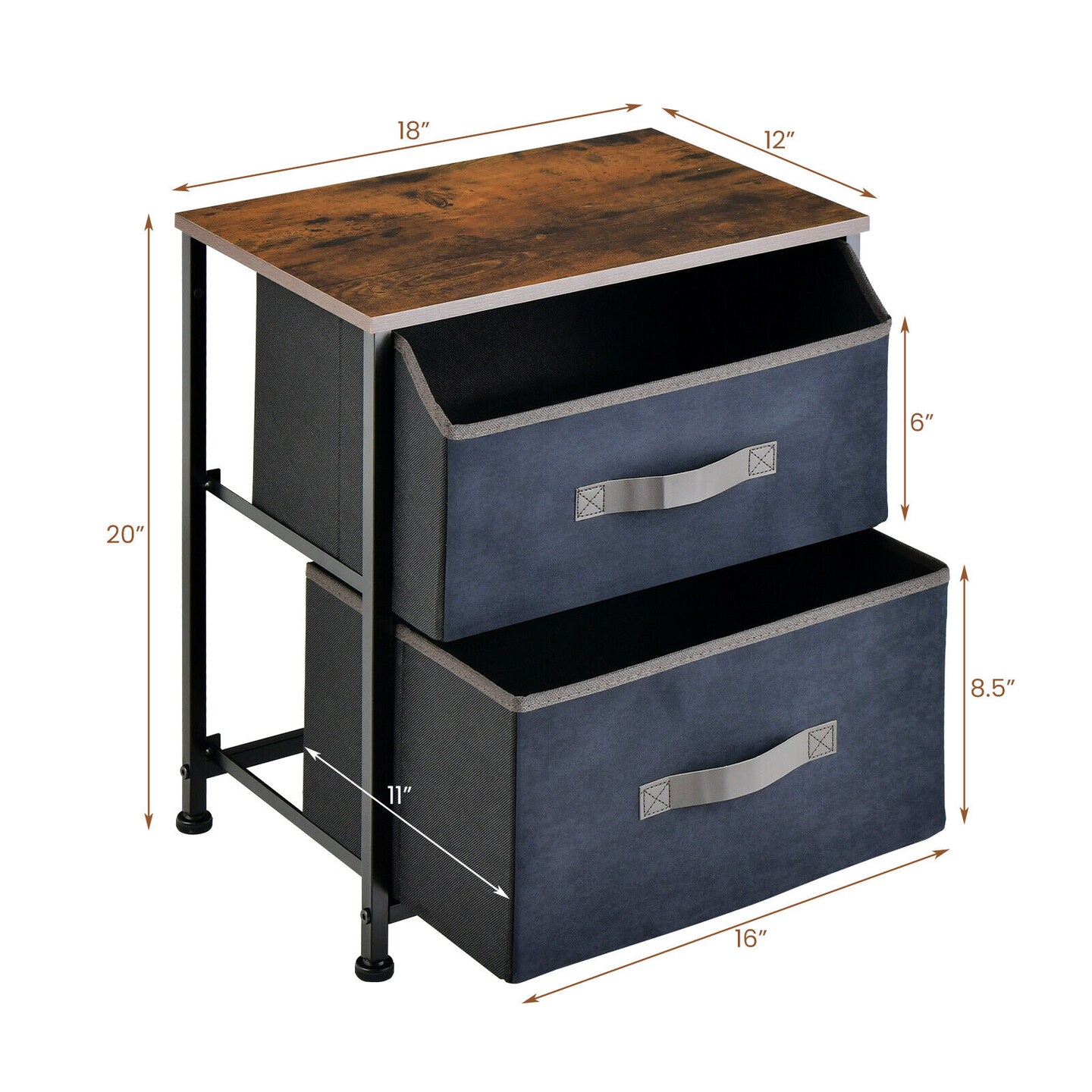20" Multi-Functional Nightstand with Metal Frame and 2 Fabric Drawers for Bedroom or Living Room
