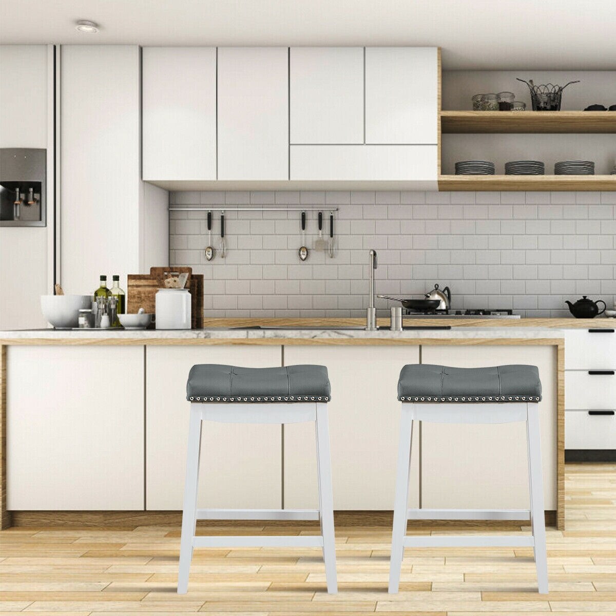 Set of 2 Backless Bar Stools with Nail head Padded Saddle Seat and Rubber Wood Legs