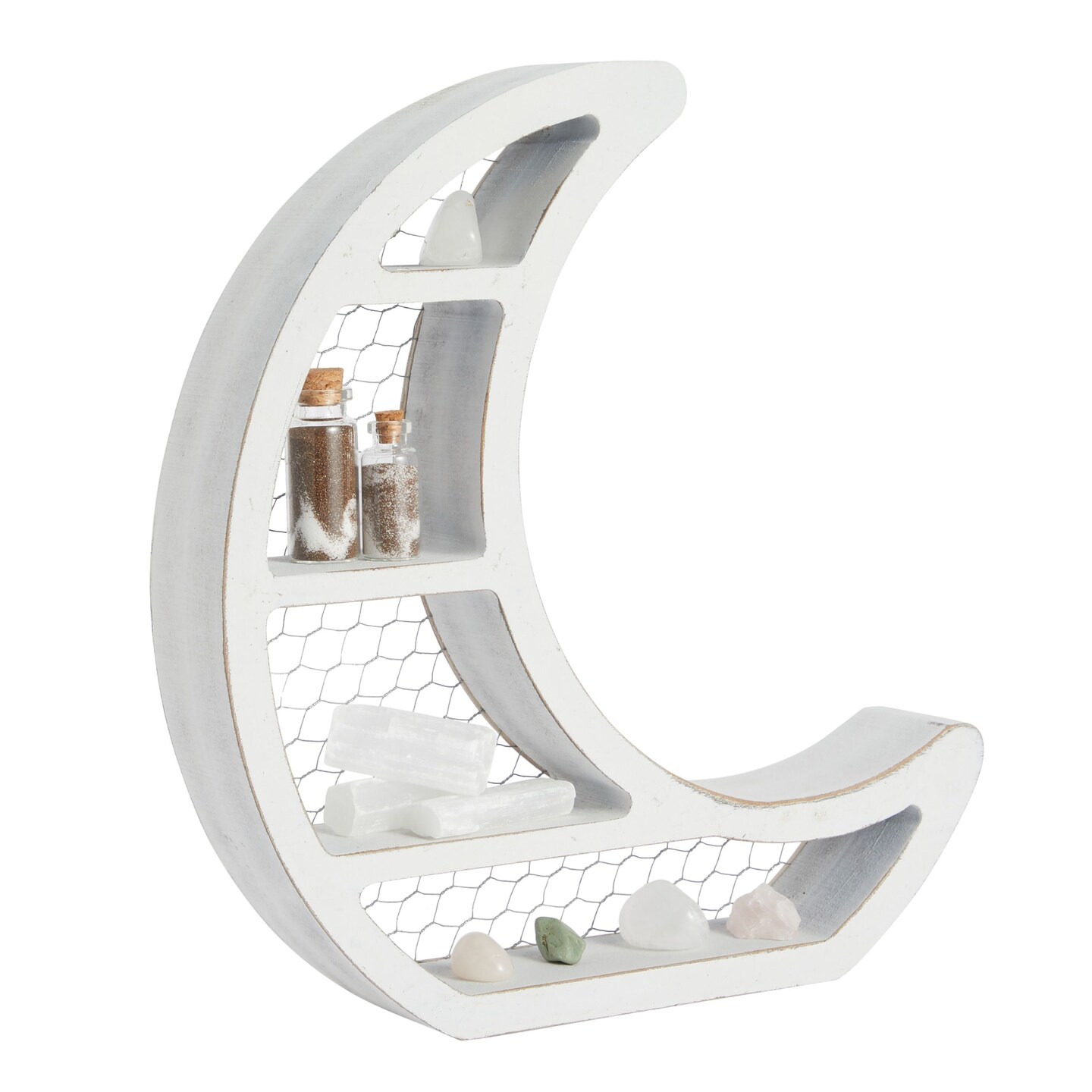 Small Wooden Crescent Moon Shelf for Crystals and Essential Oils, Rustic Home Decor for Nursery, White (10.7 x 11.2 x 2 In)