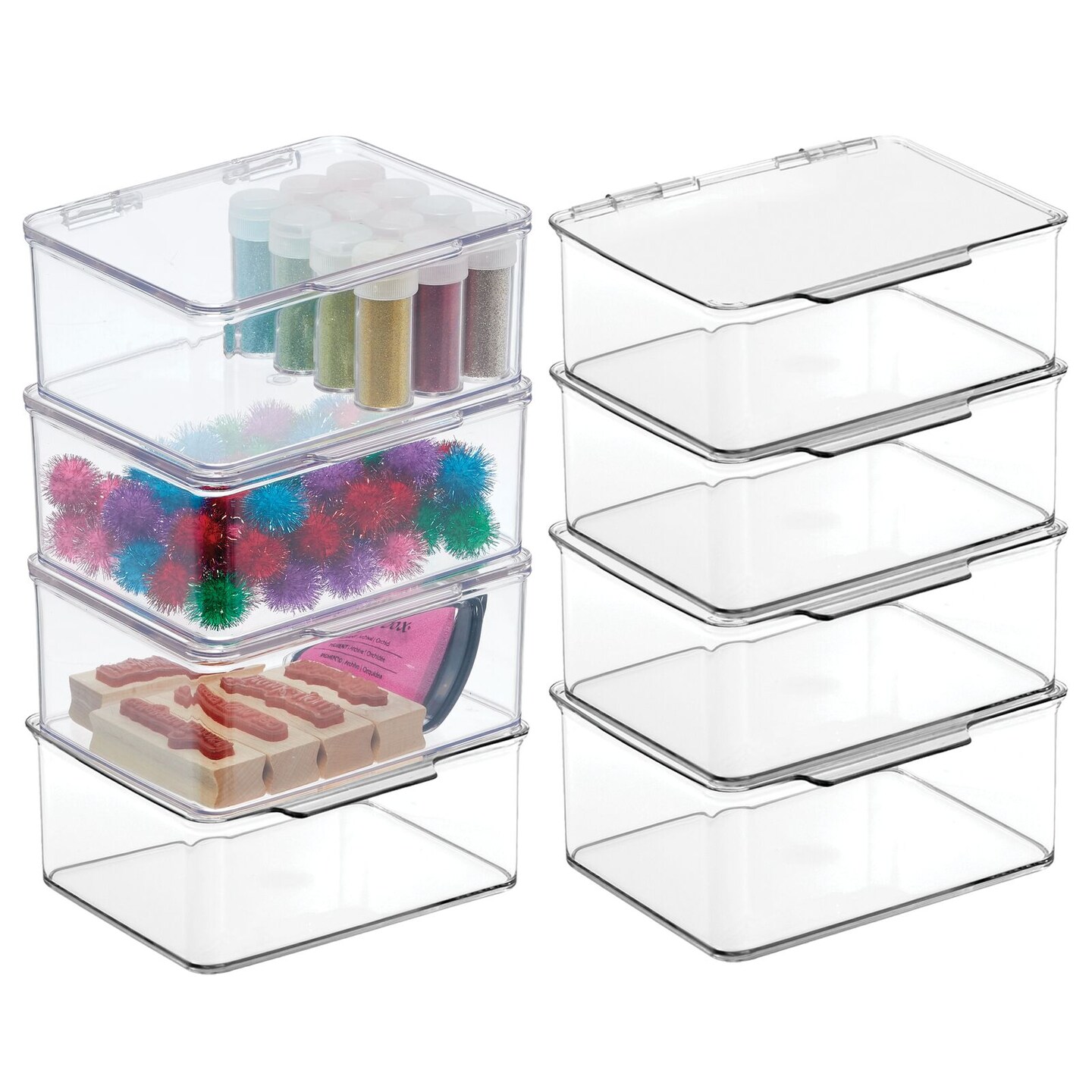 mDesign Plastic Craft Room Storage Organizer Box with Hinged Lid, 8 Pack, Clear