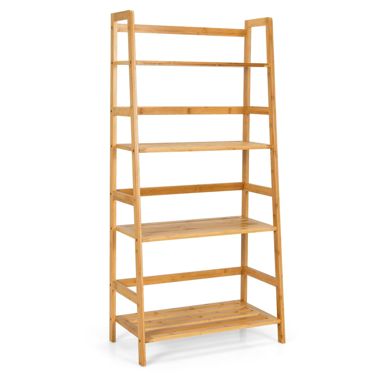 Wicker Ladder Shelf 4 Tier Freestanding Storage Natural Wood Color