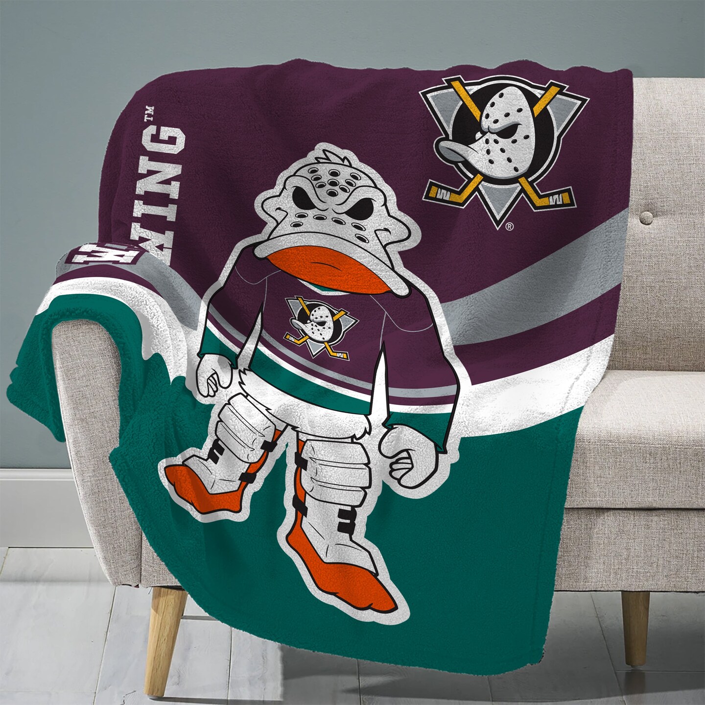 Sleep Squad Anaheim Ducks Wild Wing Mascot Throwback 60&#x201D; x 80&#x201D; Raschel Plush Hockey Blanket
