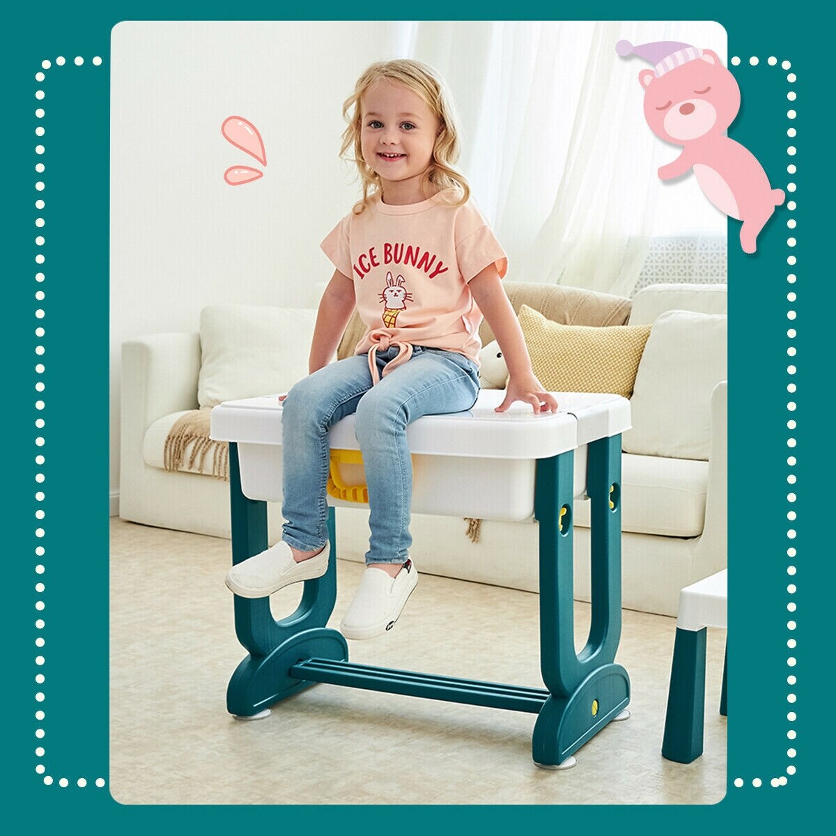 5 in 1 Multi-functional Kids Table and Chair Set with Storage Baskets and Tilted Drawing Board