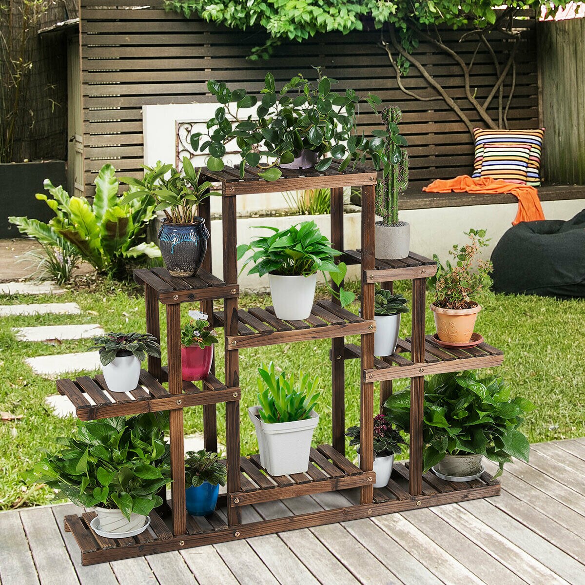 Carbon Baking 6-Tier Solid Wood Plant Stand Indoor Outdoor Flower Pot Rack
