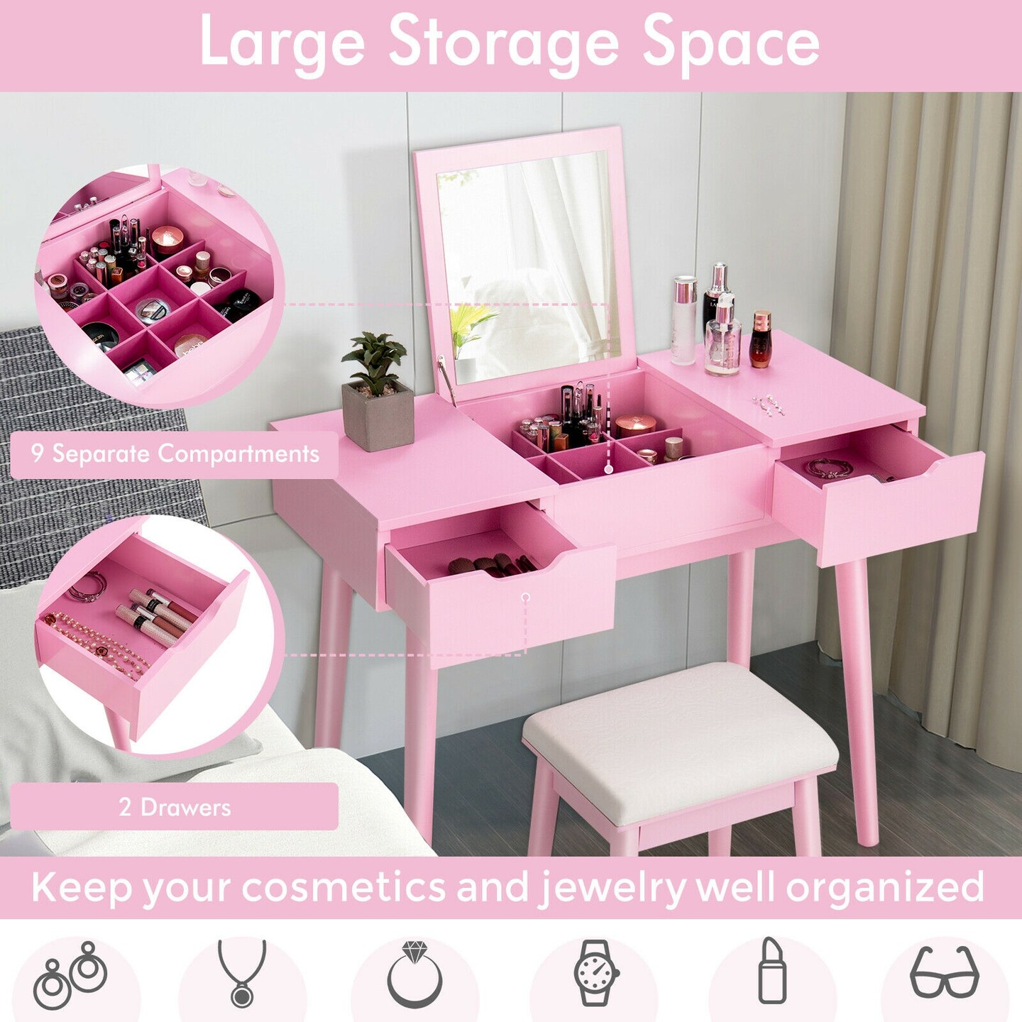 Makeup Vanity Desk with Stool 2 Drawers 9 Removable Dividers Pink