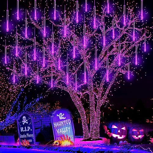 Purtuemy Halloween Lights Outdoor, Meteor Shower Lights 12 inch 8 Tubes Icicle Fairy String Lights for Halloween Christmas Decorations Tree Party Yard Outdoor, UL Plug, Purple Christmas Lights