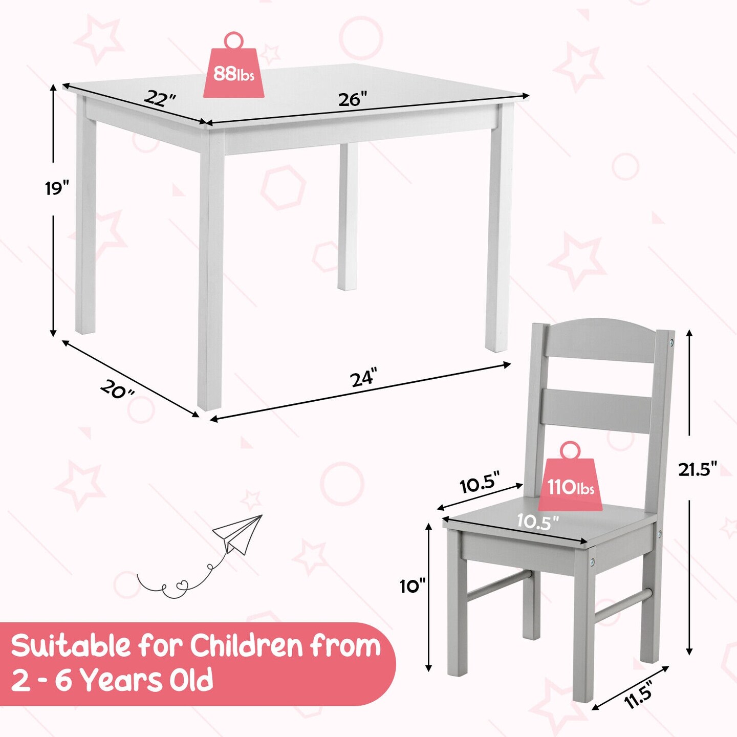 Kids 5 Pieces Table and Chair Set Wooden Children Activity Playroom Furniture Gift