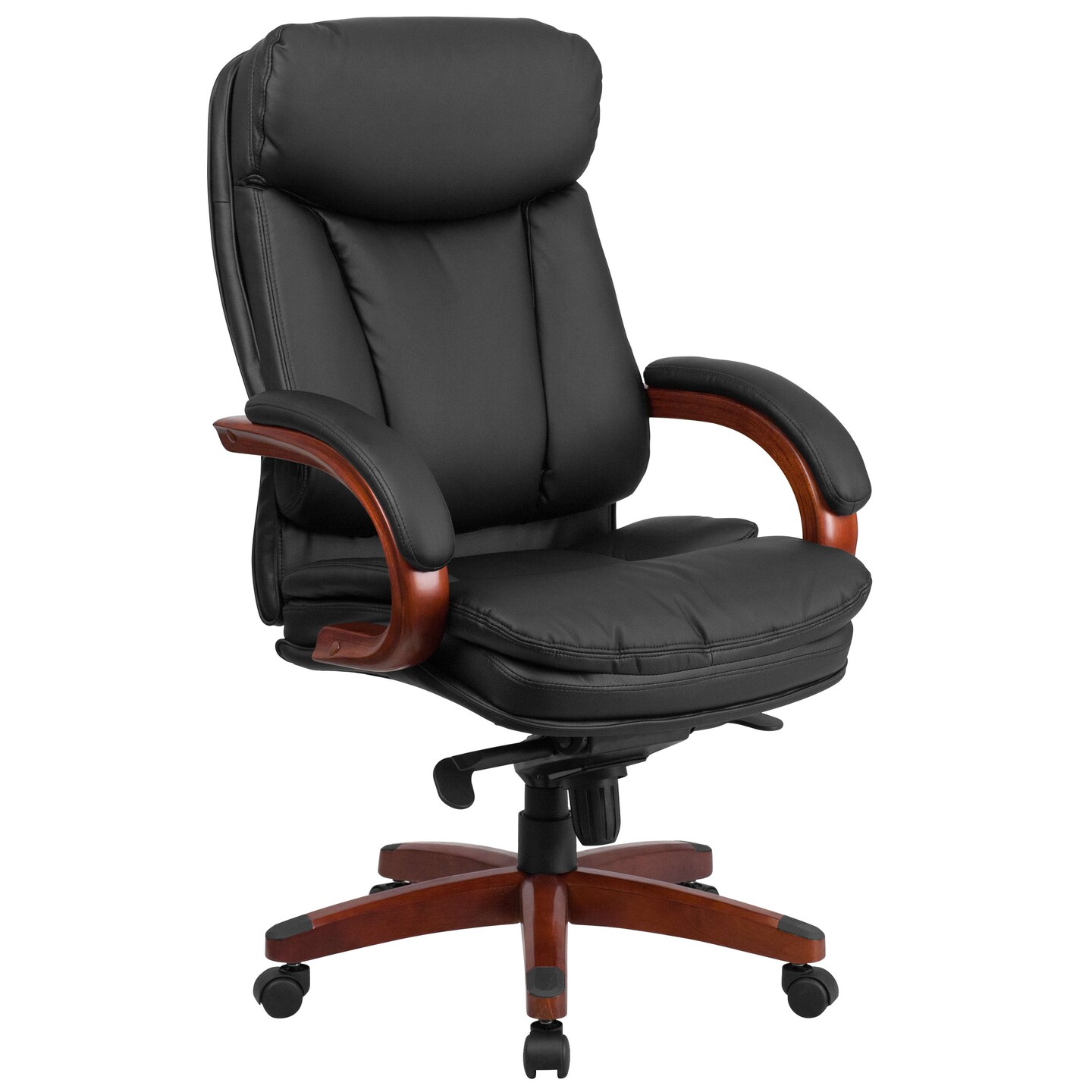 Emma and Oliver High Back Leather Executive Swivel Ergonomic Office Chair with Synchro-Tilt Mechanism, Mahogany Wood Base and Arms