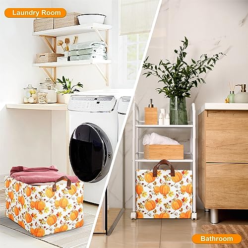 Pumpkin Fall Storage Bin Basket Collapsible with Leather Handles Waterproof Canvas Storage Cube Box for Closet Toys Clothes Thanksgiving Room Decor Gift Basket