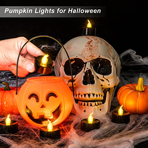 Black Candles, 24-Pack Tea Lights Battery Operated, Flameless Fake Candles Flickering, Halloween LED Candles Tea Lights for Fall Holiday Decor, Theme Party, 1.4&#x22; D X 1.3&#x27;&#x27;H- Warm White Light