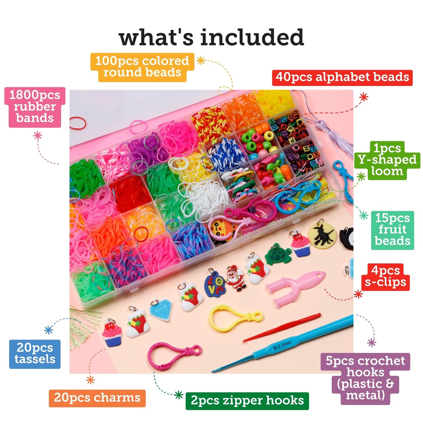 Incraftables Rubber Band Bracelet Making Kit. Rainbow Rubberband Set with Y- Loom, Zipper Hook, S-Clips, Beads, Charms, Tassels & Crochet Hooks. Rubber Band  Loom Bracelet Making Kit for Kids & Adults