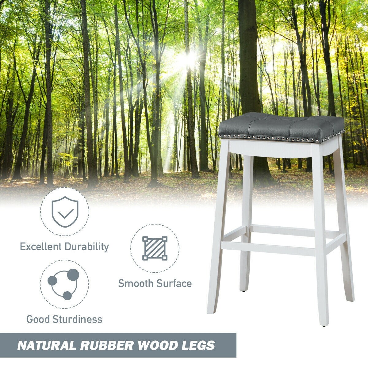 29 Inch Set of 2 Backless Bar Stools with Ergonomic Padded Saddle Seat and Wooden Legs