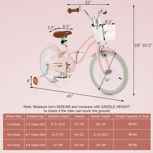 16 Inch Kids Adjustable Bike with Cute Basket for Storage and 2 Training Wheels