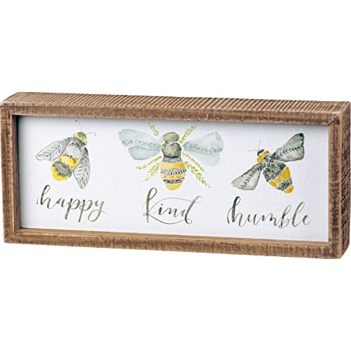 Primitives by Kathy 101758 Inset Box Sign, 10&#x22; Length x 4.25&#x22; Height x 1.75&#x22; Width, Bees - Happy, Kind, Humble