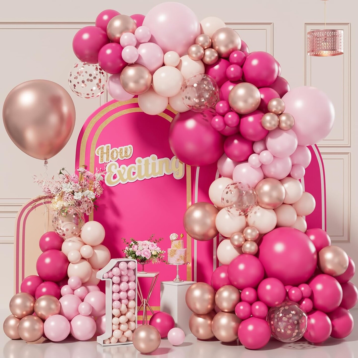 152pcs Pink Balloon Arch Garland Kit with Pastel Pink Hot Pink Pastel Orange Metallic Rose Gold Confetti Balloons for Birthday Baby Shower Princess Theme Wedding Valentine&#x27;s Party