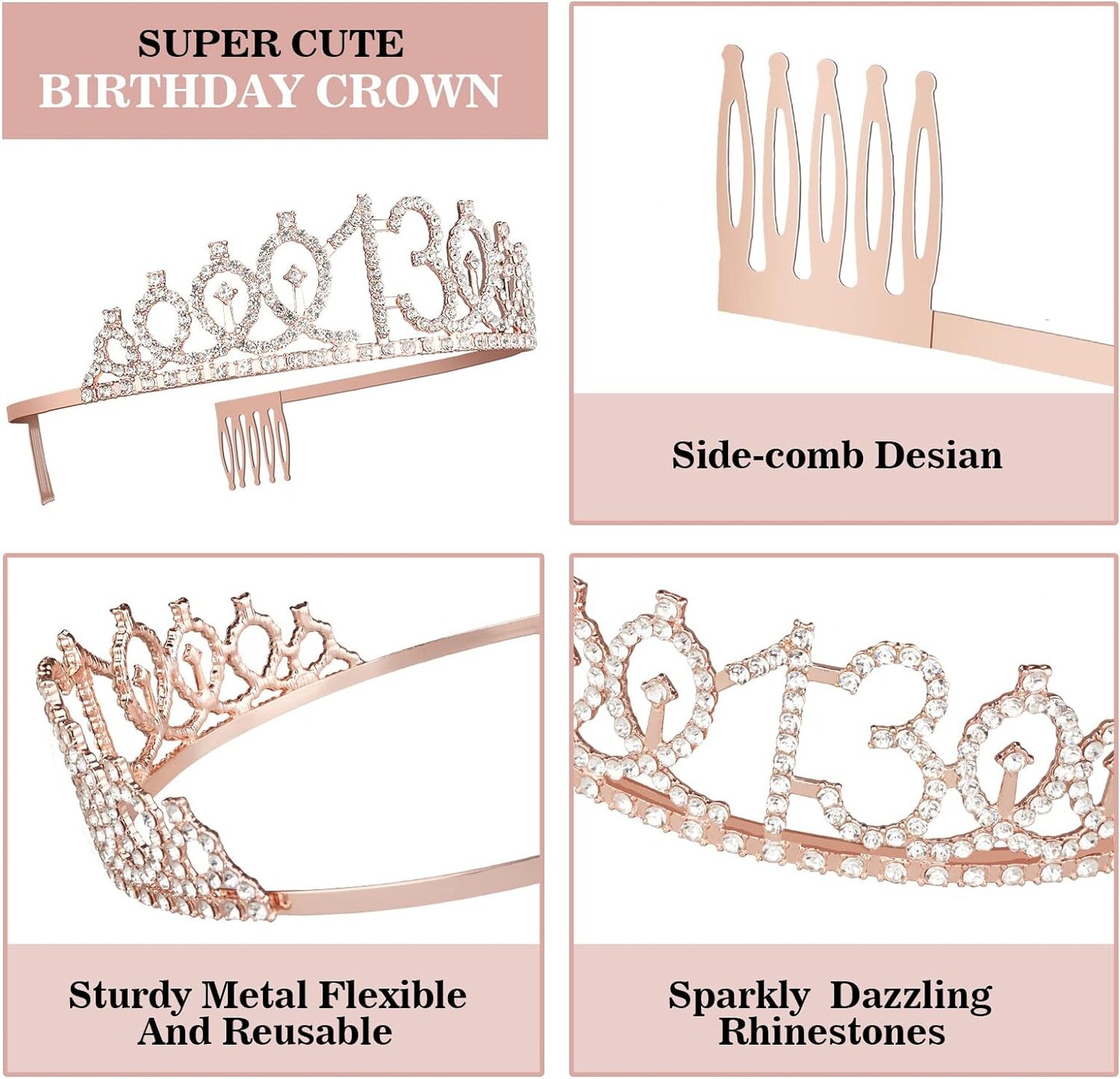 13th Birthday Decorations for Girls, Including 13th Birthday Crown/Tiara, Candles, Official Teenager Sash and Cake Toppers, Rose Gold Teen Girl Gifts for 13 Year Old Birthday Decorations