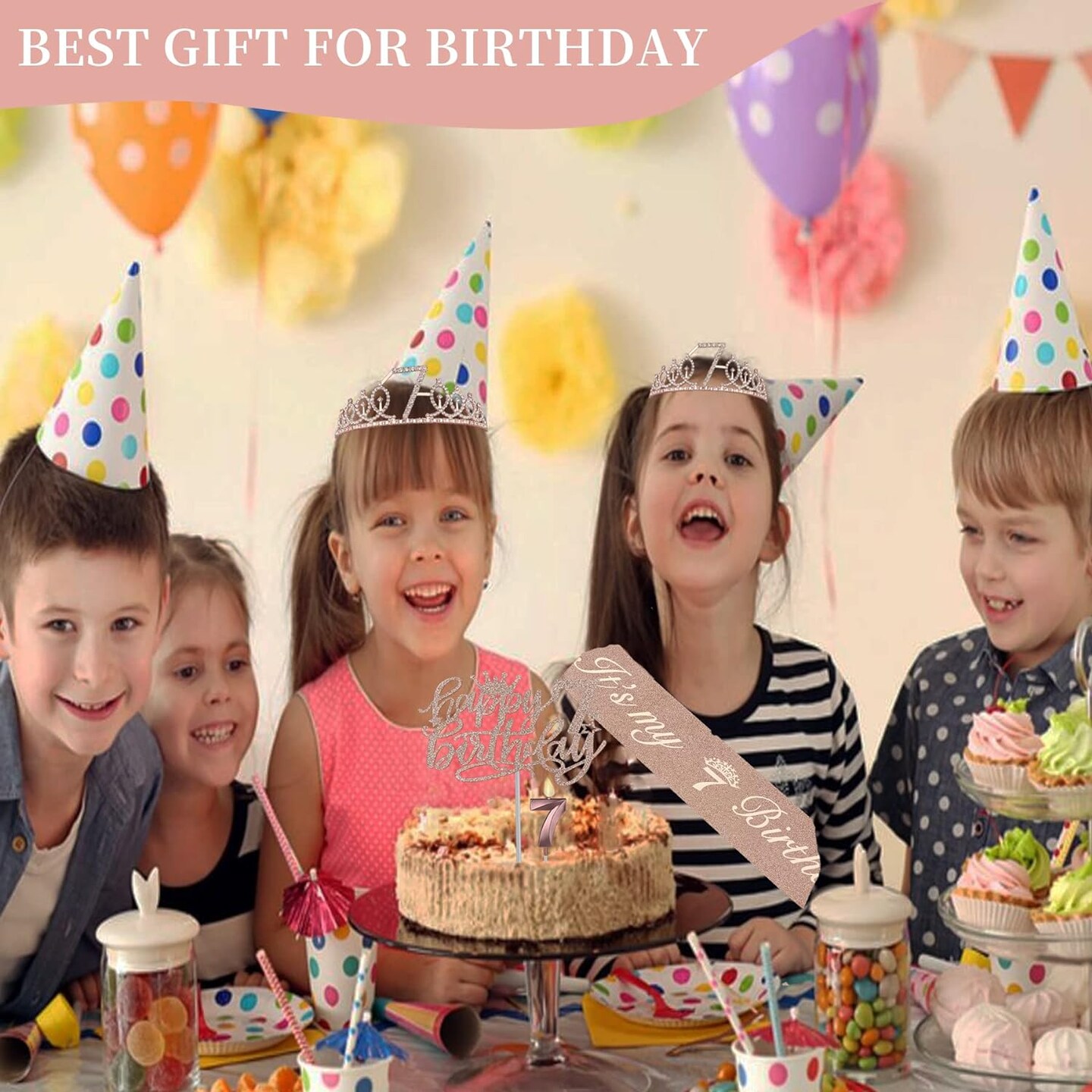 7th Birthday Decorations for Girl with 7th Birthday Sash and Tiara, Numeral 7 Candle and Cake Topper, 7th Birhtday Girls Rose Gold Party Favor Supplies