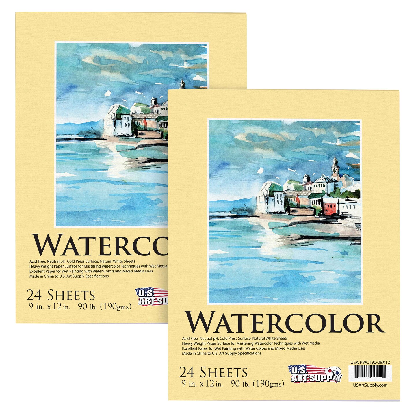 U.S. Art Supply 9&#x22; x 12&#x22; Heavyweight Watercolor Painting Paper Pad, Pack of 2, 24 Sheets Each, 90lb 190gsm - Cold Pressed, Acid-Free, Wet, Mixed Media