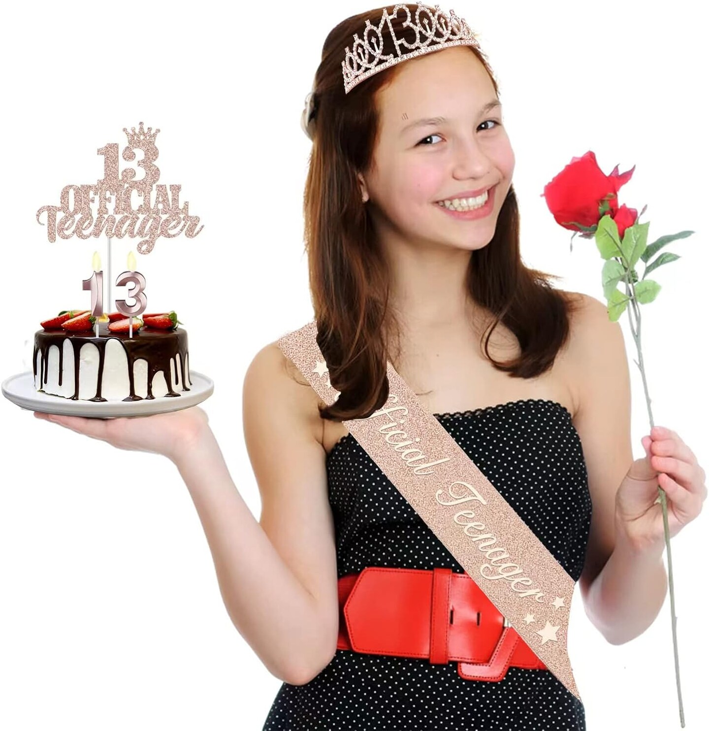 13th Birthday Decorations for Girls, Including 13th Birthday Crown/Tiara, Candles, Official Teenager Sash and Cake Toppers, Rose Gold Teen Girl Gifts for 13 Year Old Birthday Decorations