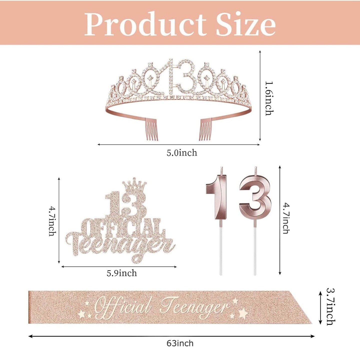 13th Birthday Decorations for Girls, Including 13th Birthday Crown/Tiara, Candles, Official Teenager Sash and Cake Toppers, Rose Gold Teen Girl Gifts for 13 Year Old Birthday Decorations