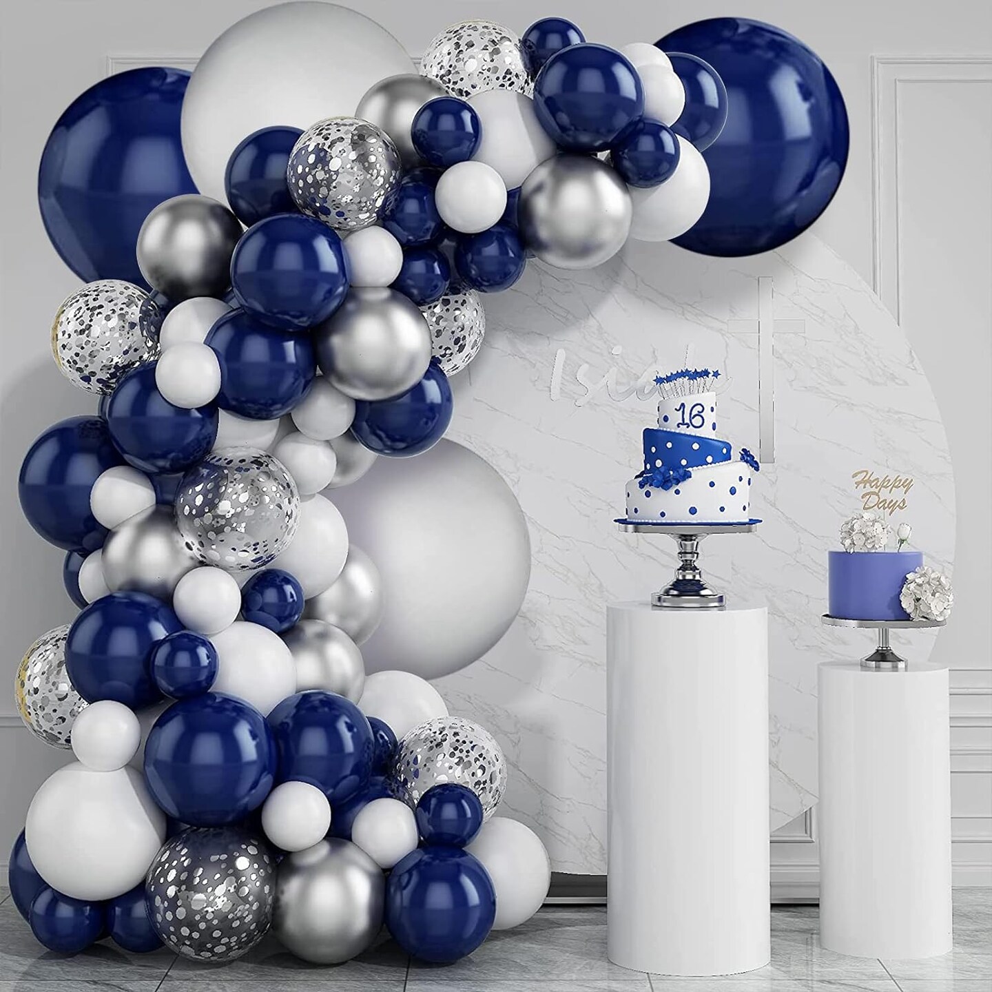 Navy Blue Silver Balloons Garland Kit, 131 pcs Navy Blue White Silver Confetti Balloons Arch Kit for Birthday Party Baby Shower Wedding Graduation Class of 2022 Prom Decorations