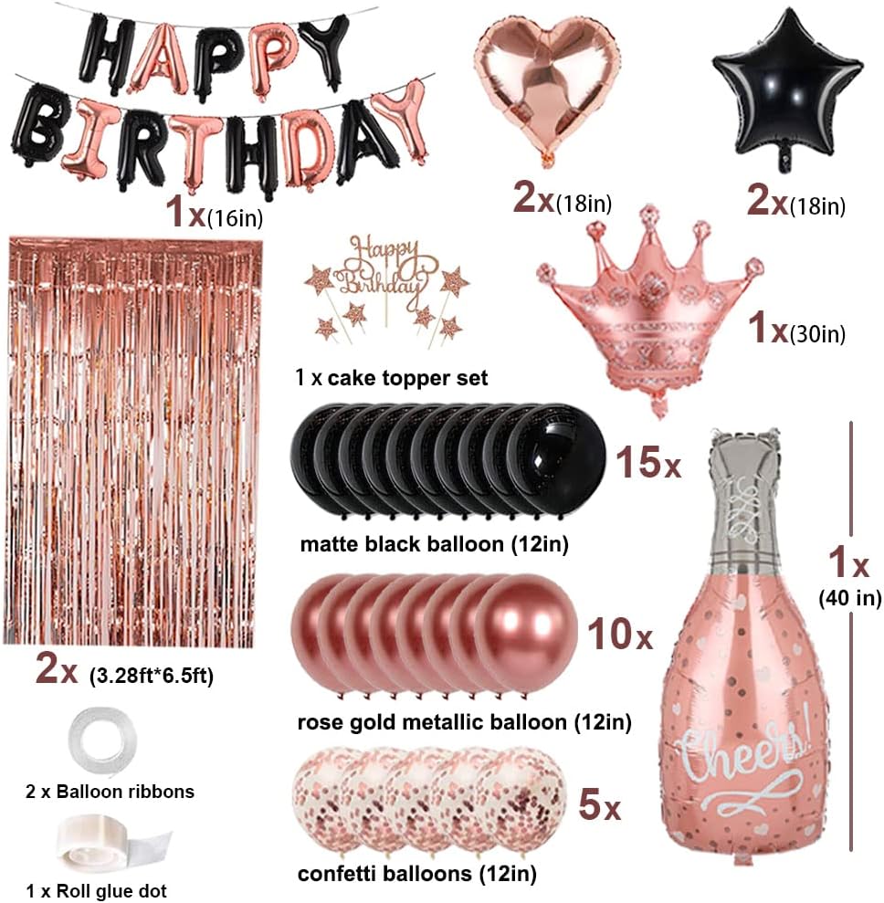 Rose Gold Black Happy Birthday Party Decorations for Women Girls, Decor Set for Her, Happy Birthday Banner, Foil Balloons, Fringe Curtains, Crown, Cake Topper for 13th 16th 18th 21st 30th 40th 50th