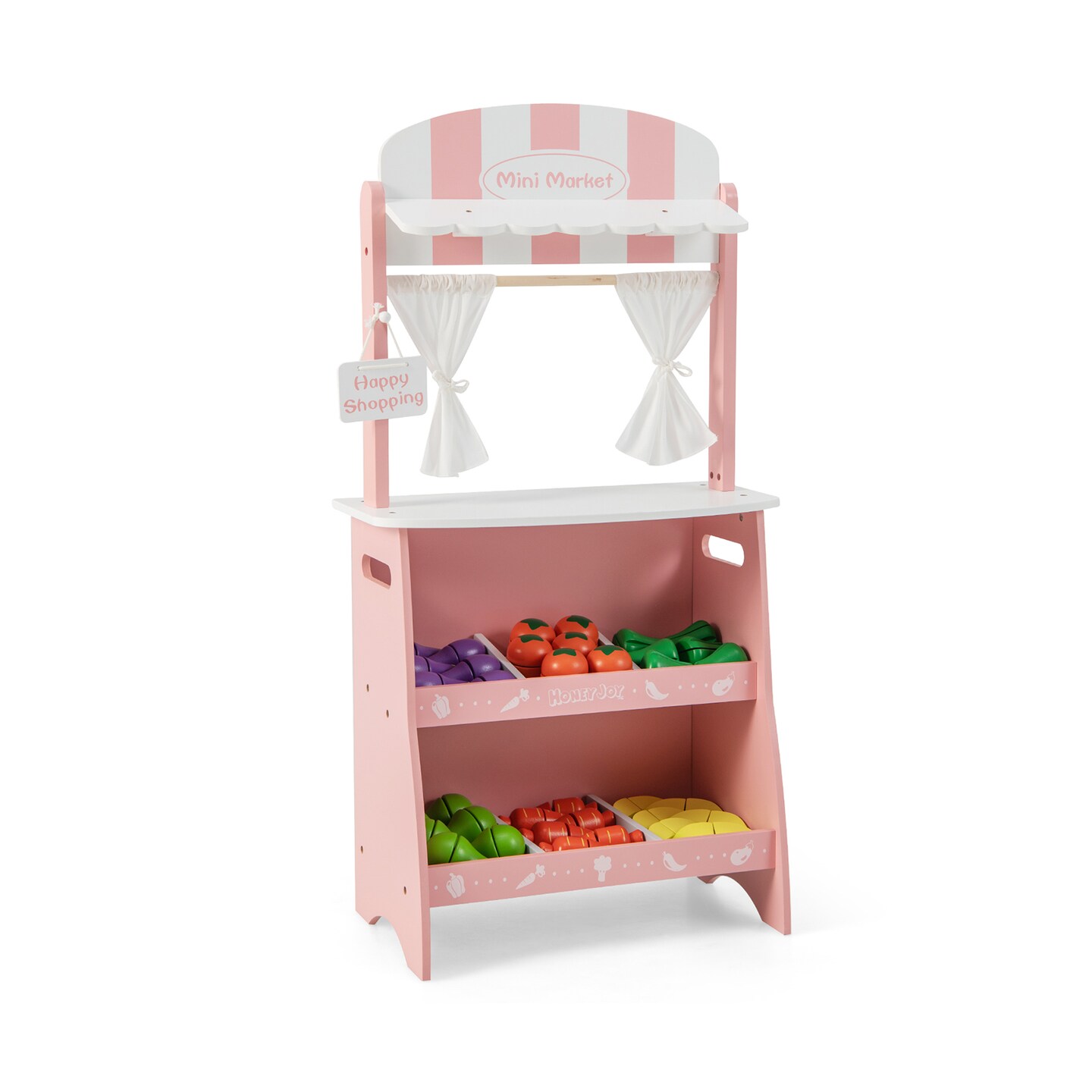 Wooden Kid&#x2019;s Farmers Market Stand with Chalkboard, Play Accessories, and Adjustable Shelves