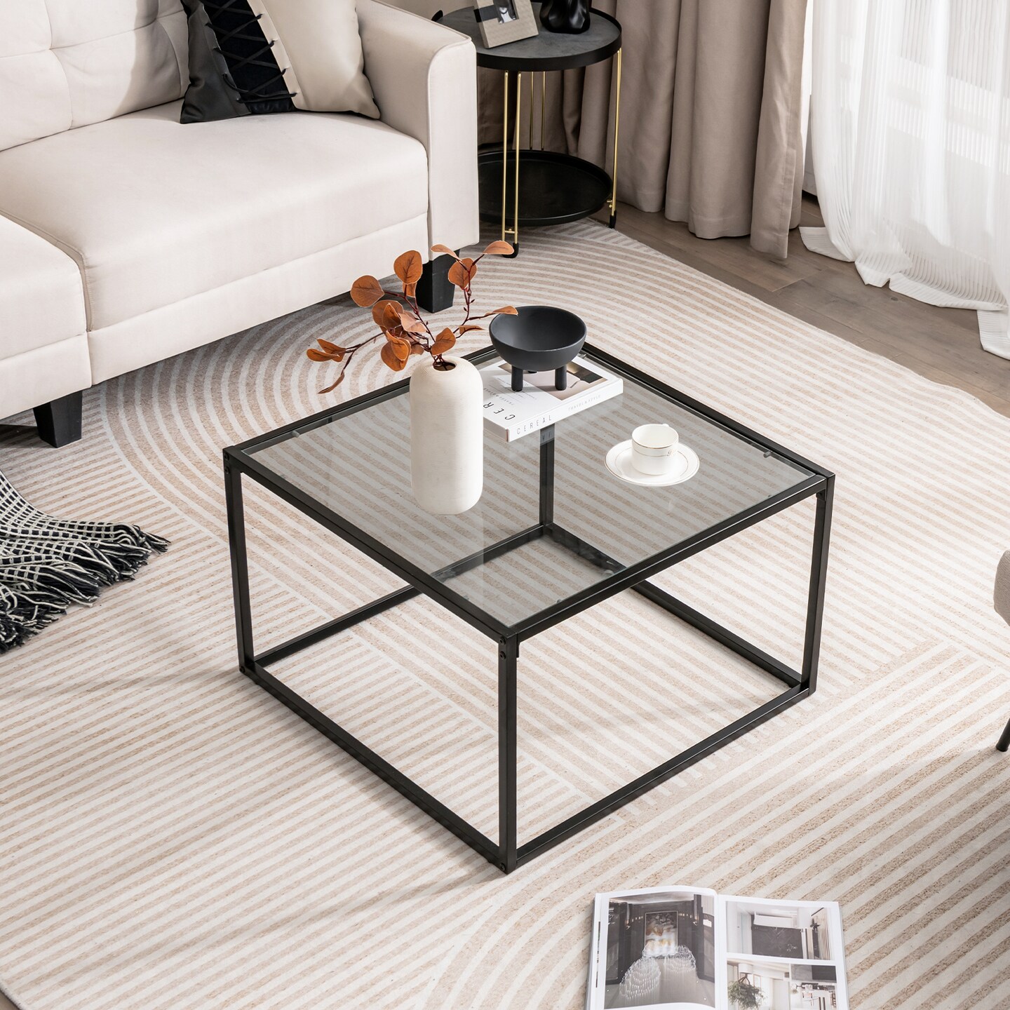 27.5 Inch Home Square Tea Table With Heavy-duty Metal Frame
