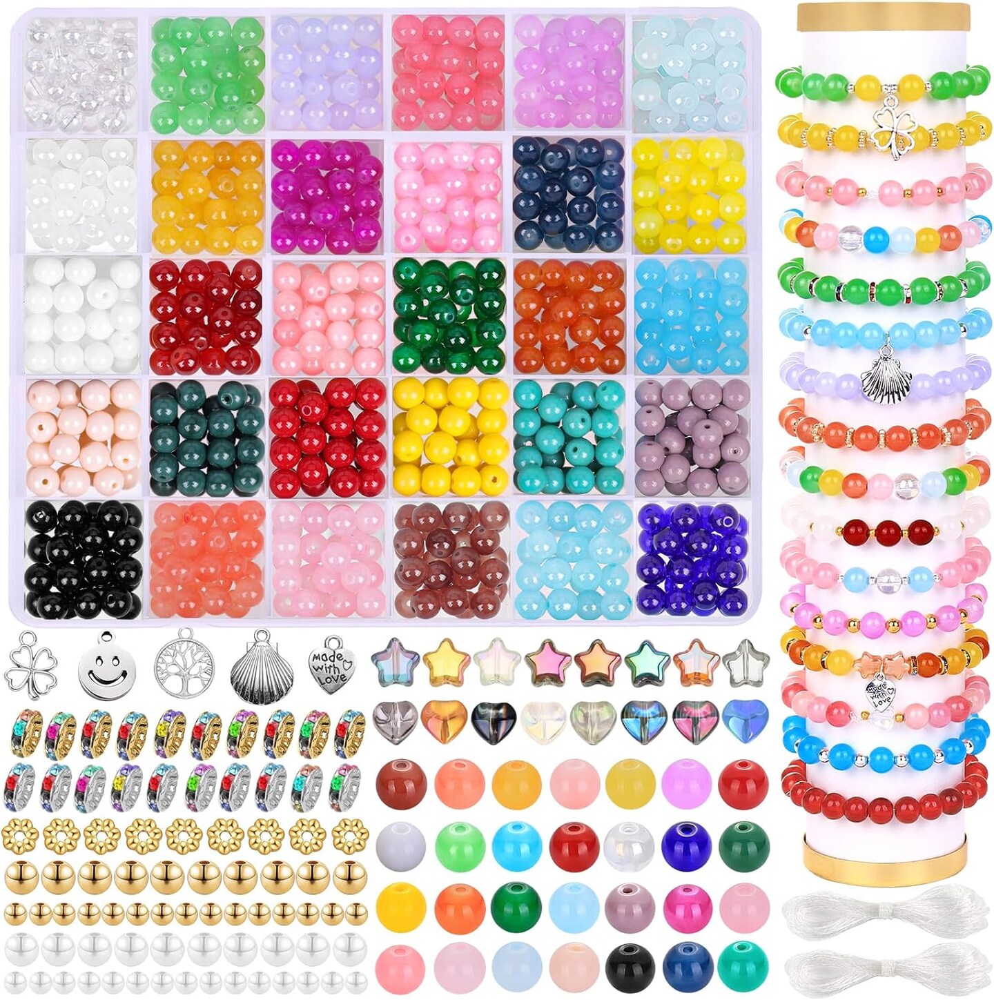 671pcs Glass Beads Bracelet Making Kits 30 Colors 8mm Crystal Beads for Jewelry Making Round Gemstone Stone Beads with Rondelle Spacer Beads DIY Crafts for Girls Adults