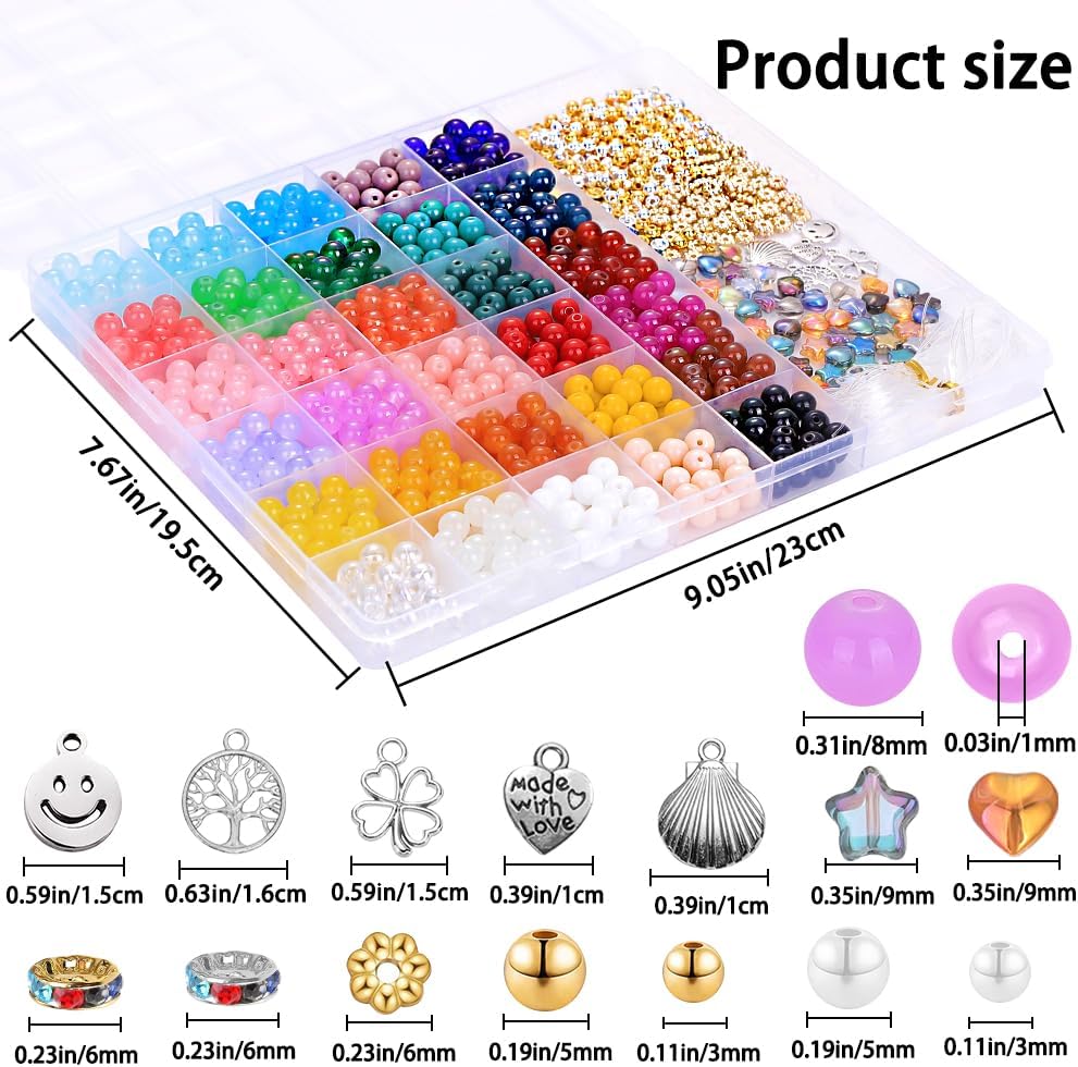 671pcs Glass Beads Bracelet Making Kits 30 Colors 8mm Crystal Beads for Jewelry Making Round Gemstone Stone Beads with Rondelle Spacer Beads DIY Crafts for Girls Adults