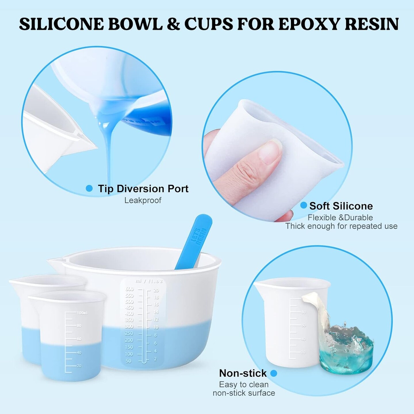 Silicone Measuring Cups,Resin Supplies with 600ml/20oz&100ml Thickening&Polishing Resin Mixing Cups,Easy to Clean,Silicone Stir Sticks,Silicone Cups for Epoxy Resin Mixing