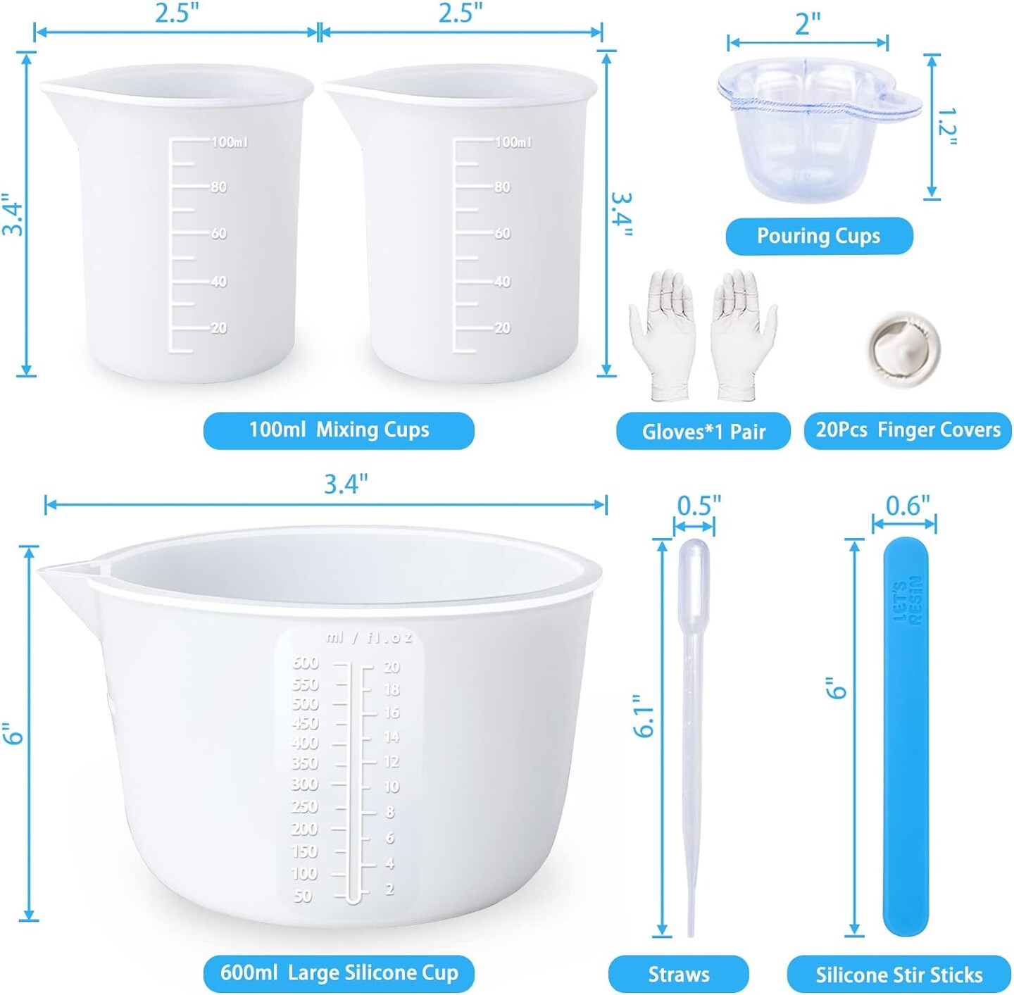 Silicone Measuring Cups,Resin Supplies with 600ml/20oz&100ml Thickening&Polishing Resin Mixing Cups,Easy to Clean,Silicone Stir Sticks,Silicone Cups for Epoxy Resin Mixing