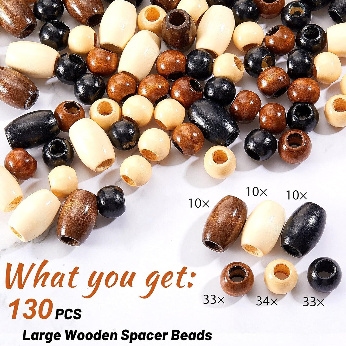 130 Pieces Large Wooden Spacer Beads Wooden Beads Round Loose Beads with 10 mm Large Hole for Macrame Making Kits Jewelry Making Hair DIY Craft Handmade Decor(Wood Color)