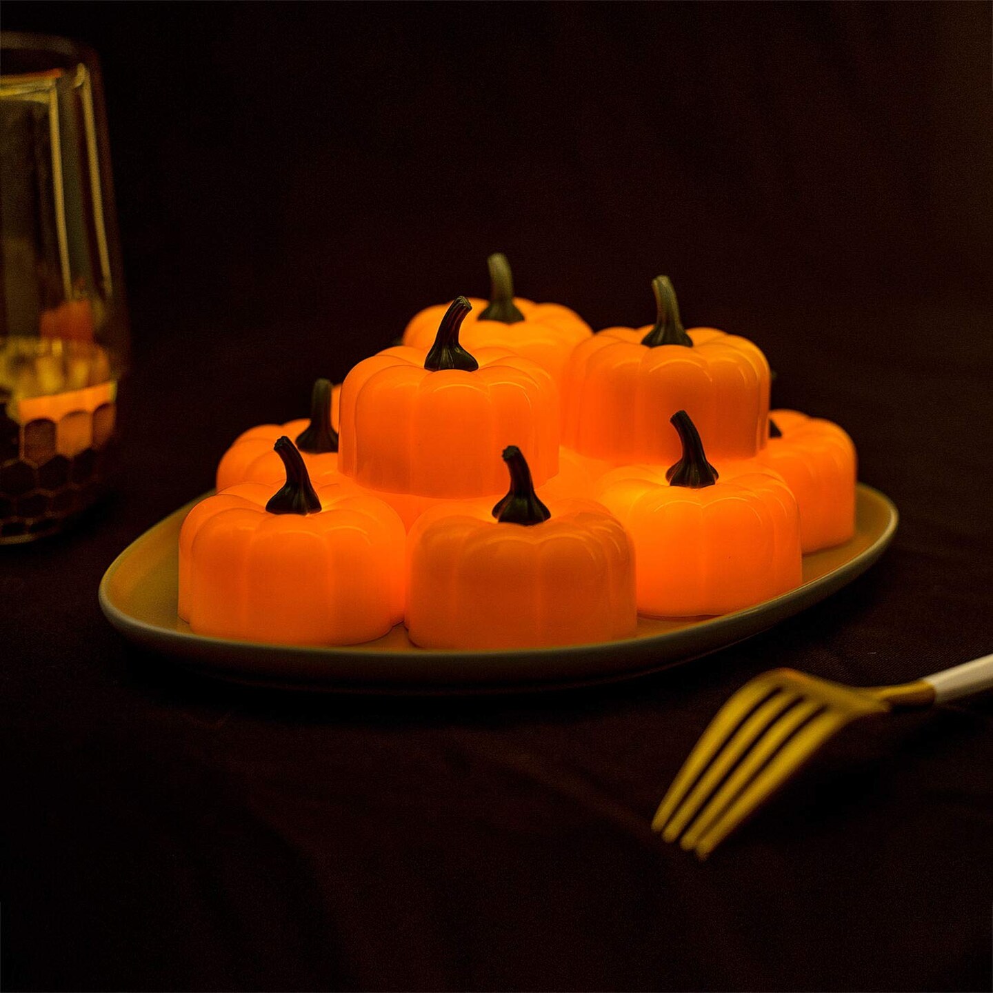 12 Pack LED Pumpkin Halloween  Lights, Jack-O&#x27;-Lantern, Small Orange Flickering Tea Lights, for Halloween, Fall Festival Decorations