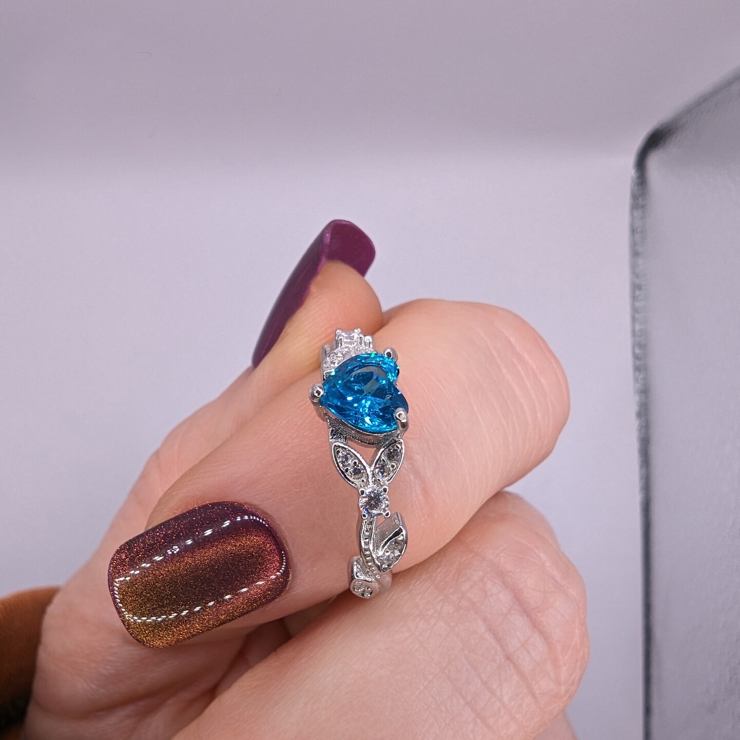 White Gold Blue Topaz Cubic Zirconia Heart Shaped Promise Ring, Engagement Ring, CZ Wedding Ring, December Birthstone product 4