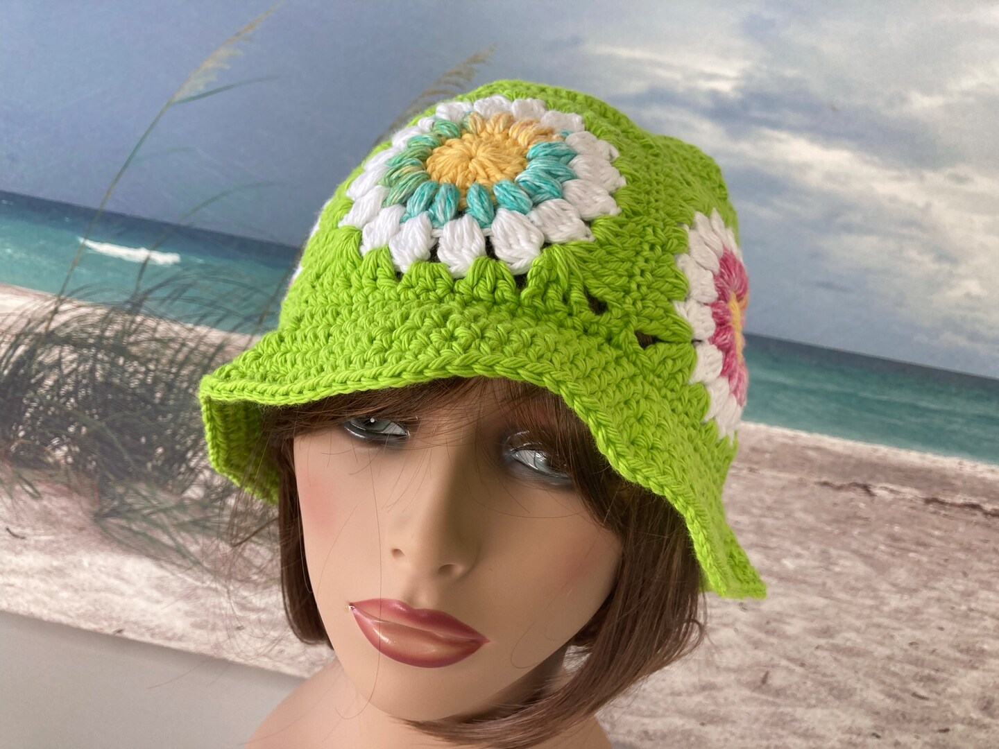 Sunflower Granny Square Crochet Bucket Made with Cotton  Available in Three Fits Adult Woman, color: Orange